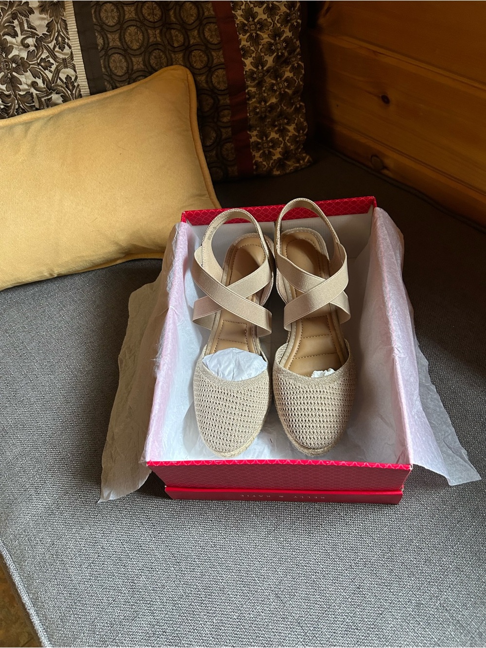 Kelly & Katie Beige Woven Slingback Wedge Sandals
